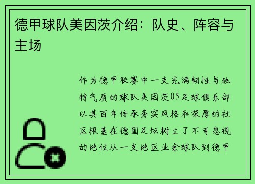 德甲球队美因茨介绍：队史、阵容与主场