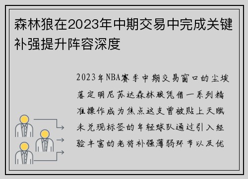 森林狼在2023年中期交易中完成关键补强提升阵容深度